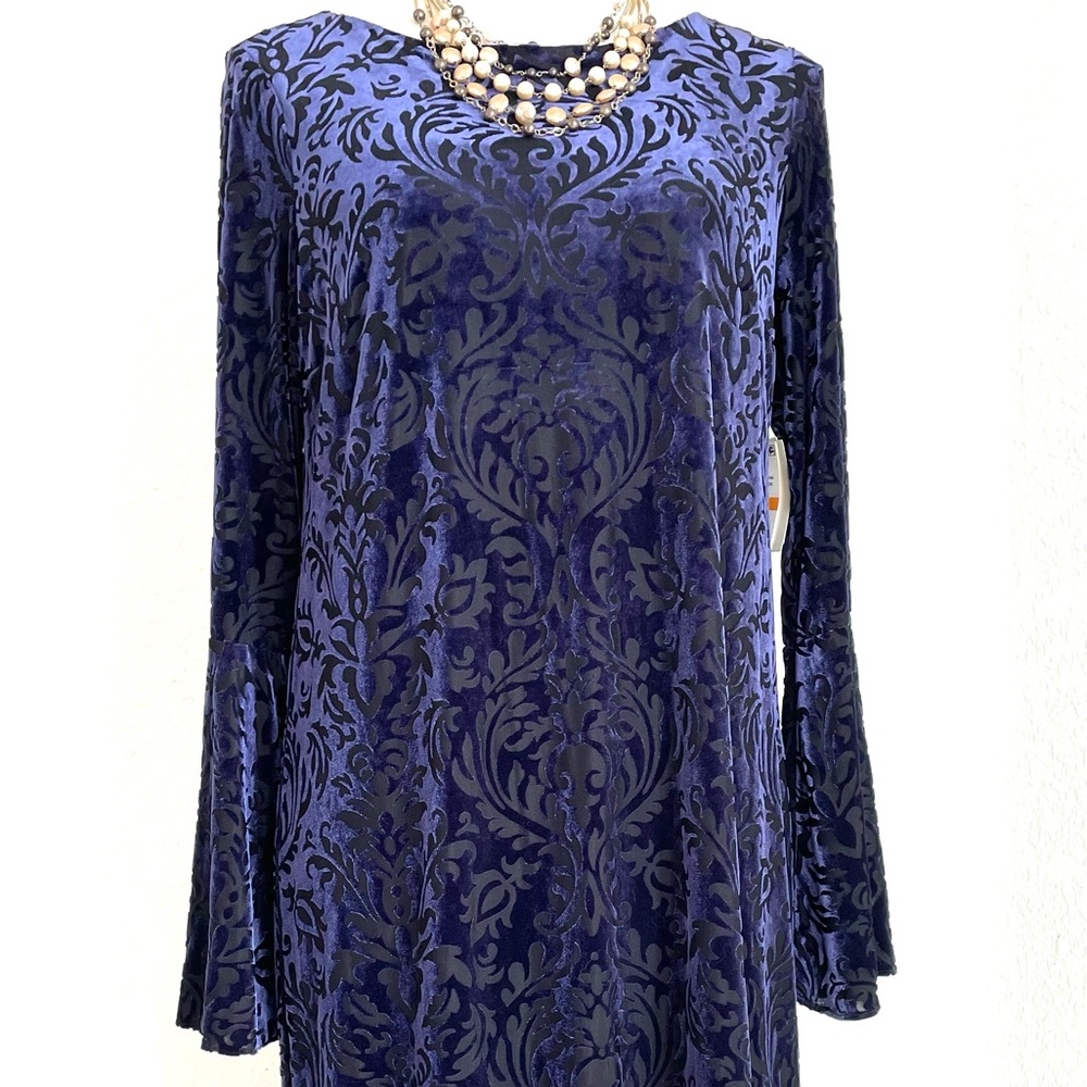 ECI Deep Blue and Black Stretch Burnout Brocade Velvet Dress with Bell Sleeves